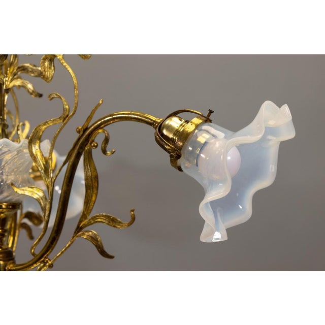French Art Nouveau Opalescent Glass & Bronze Floral Chandelier, 1920 For Sale - Image 13 of 18