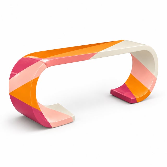 Sculptural Waterfall Console with Custom Geometric Finish A striking waterfall console combining sweeping curves with a...