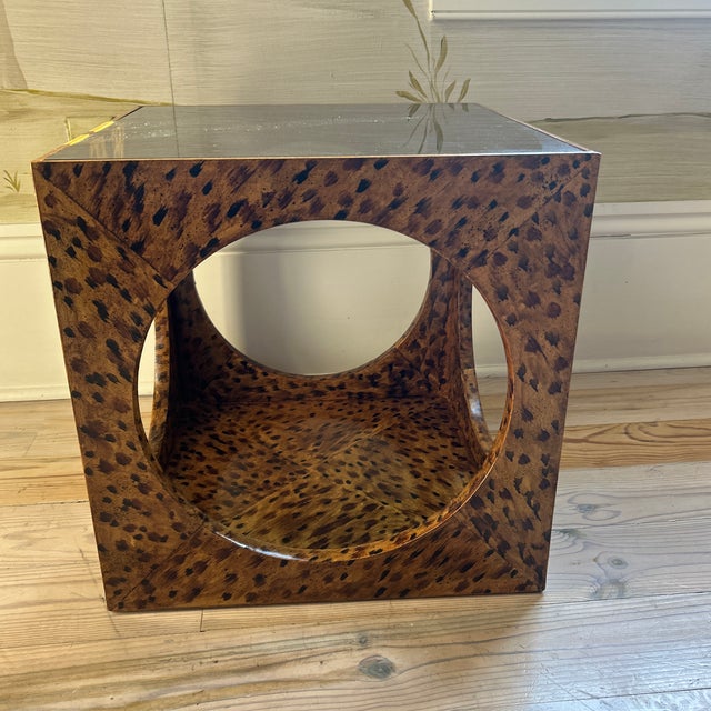 This is a vintage Lane cube side table with circle cut outs and smoked glass top. It has now been painted in a signature...