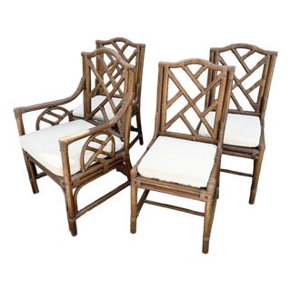 Boho Chic Chippendale Style Rattan Dining Chairs - Set of 4 For Sale
