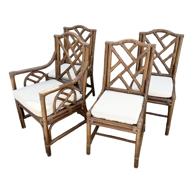 Boho Chic Chippendale Style Rattan Dining Chairs - Set of 4 For Sale