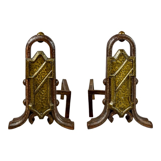 Large Arts & Crafts Hammered Iron and Brass Andirons - Pair For Sale