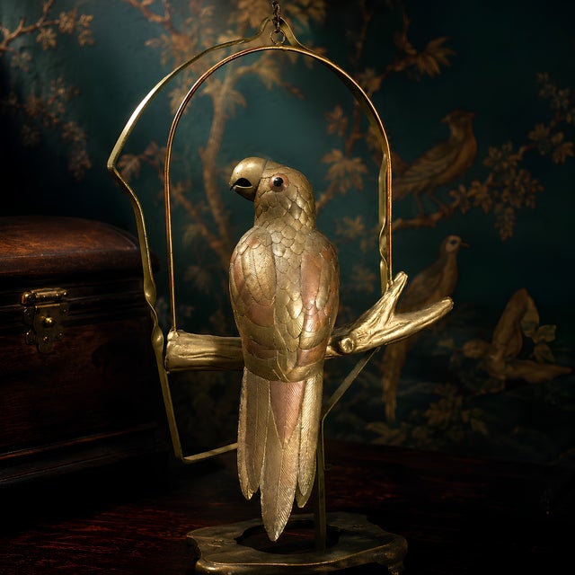Vintage Brass & Copper Parrot on Perch With Stand & Hoop, Attributed to S. Bustamonte For Sale In Sacramento - Image 6 of 10
