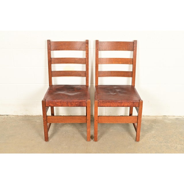 L. & J. G. Stickley Antique Mission Oak Arts & Crafts Ladder Back Side Chairs or Dining Chairs | Pair For Sale - Image 17 of 17