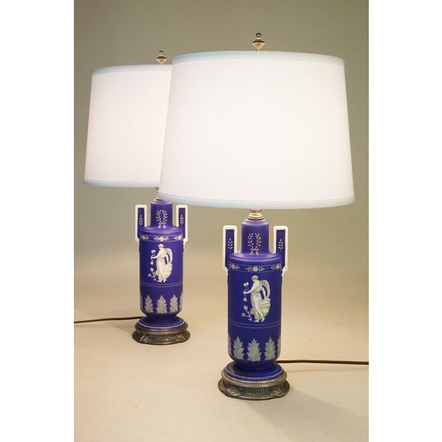 1930s Cobalt Noritake Wedgewood Jasperware Style Neoclassic Art Deco Table Lamps - a Pair For Sale - Image 10 of 15