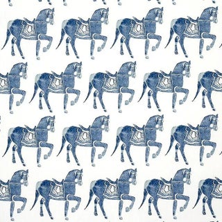 Schumacher X Molly Mahon Marwari Horse Fabric in Navy For Sale