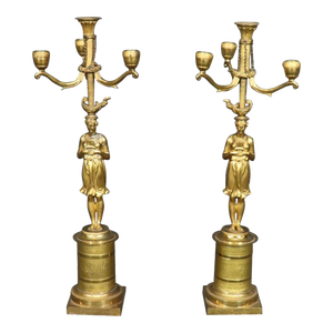 Large Solid Bronze 19th Century Draped Figural Maidens Candleabra - A Pair