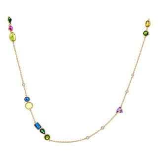 14k Gold Multi-Color Sapphire & Diamond Station Necklace For Sale