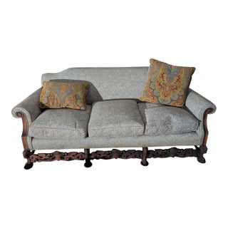 Vintage Victorian Revival Carved Wood Sofa With Paisley Upholstery For Sale
