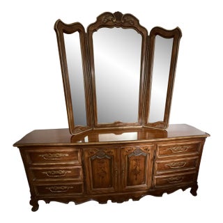 1970s Drexel Heritage French Provincial Louis XV Carved Walnut Triple Dresser With Matching Mirror For Sale