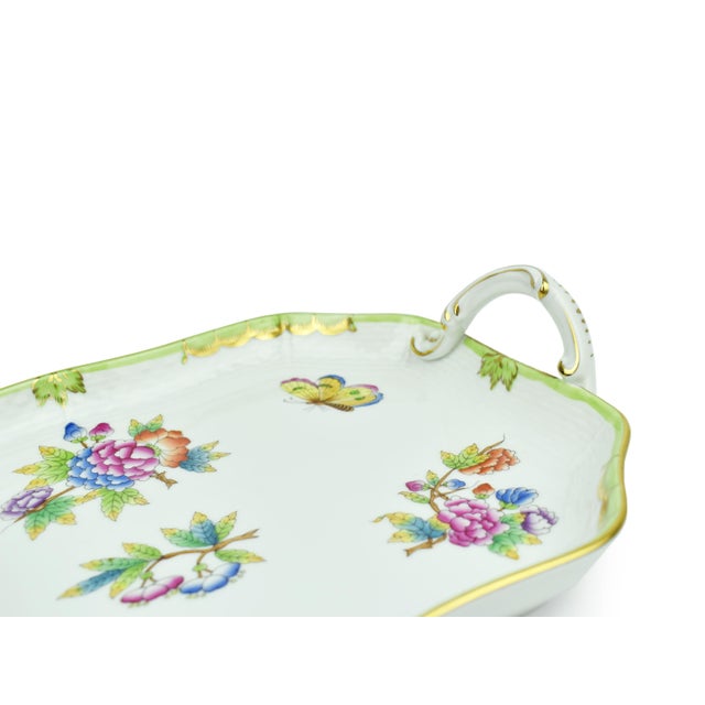 Late 20th Century Hand Painted Herend Green Boarder Queen Victoria Pattern Tray With Handles Hungary For Sale - Image 5 of 8