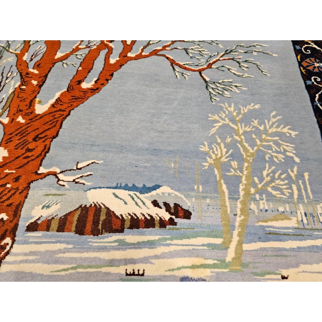 Vintage Persian Tabriz Pictorial Rug, Hand-Knotted Wool, Winter Forest Scene, Blue & Ivory, 4x6 For Sale - Image 13 of 16