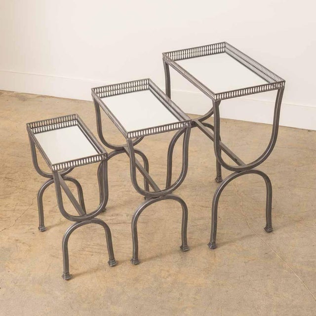 1960s French Metal and Mirror Tables, Set of 3 For Sale - Image 4 of 12