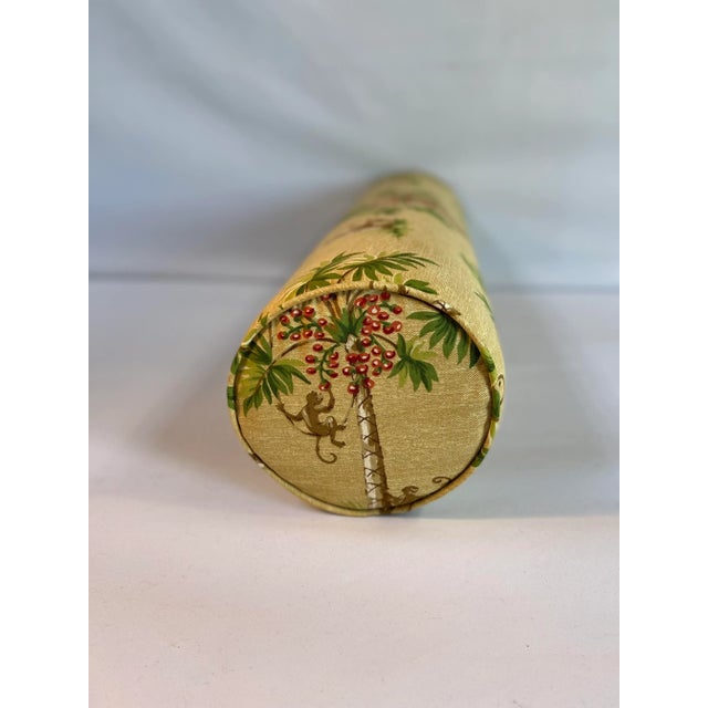 Custom made palm trees and monkeys stain repellent bolster pillows with invisible zipper and matching piping edges.