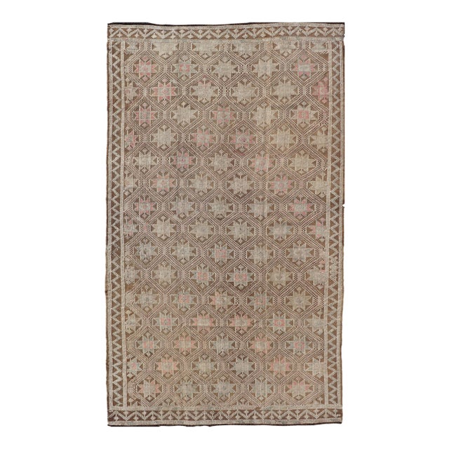 Vintage Turkish Embroidered Kilim With All-Over Star Design on a Taupe Ground For Sale