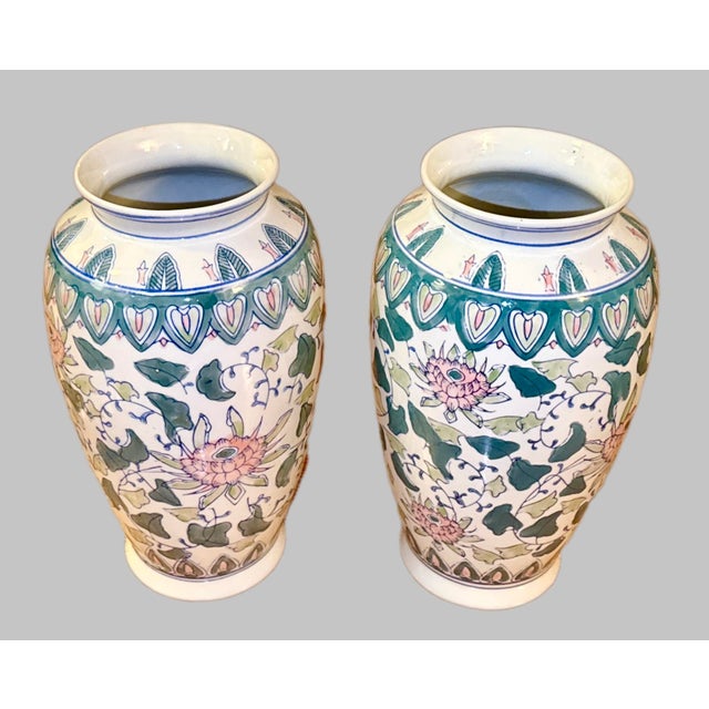 Blue Hand-Painted Chinese Chinoiserie Floral Vases - A Pair For Sale - Image 8 of 11
