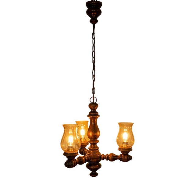 Three-Light Pendant Lamp in Varnished Turned Wood with Amber Tulip-Shaped Glass Shades, France, 1970s For Sale
