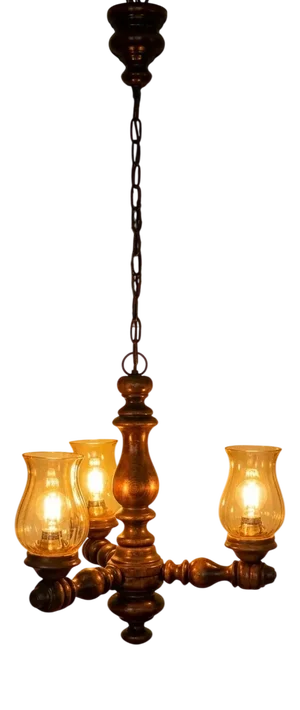 Three-Light Pendant Lamp in Varnished Turned Wood with Amber Tulip-Shaped Glass Shades, France, 1970s