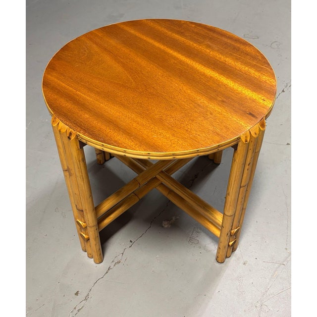1950s Restored Vintage Rattan Vertically Stacked Circular Drink Side Table With Mahogany Top For Sale - Image 5 of 9