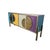 Four-door sideboard, entirely handmade, with wooden structure and covered in colored glass; enriched with crescent-shaped...