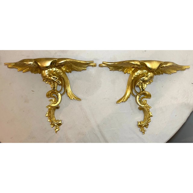 Gold Pair of Antique Italian Federal Gold Gilt-Wood Figural Bird Wall Shelves Shelf For Sale - Image 8 of 14