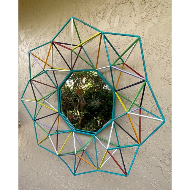 Metal Funky One-of-a-Kind Hand-Painted Geometric Metal Mirror – 3d Sunburst Wall Art For Sale - Image 7 of 18