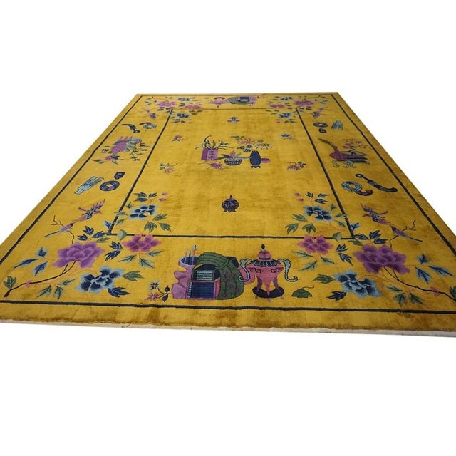 Knotted 1920s Yellow Rectangle Wool Chinese – Art Deco Room Size Antique Rug, Circa Date: 1920s. This exceptional Chinese...