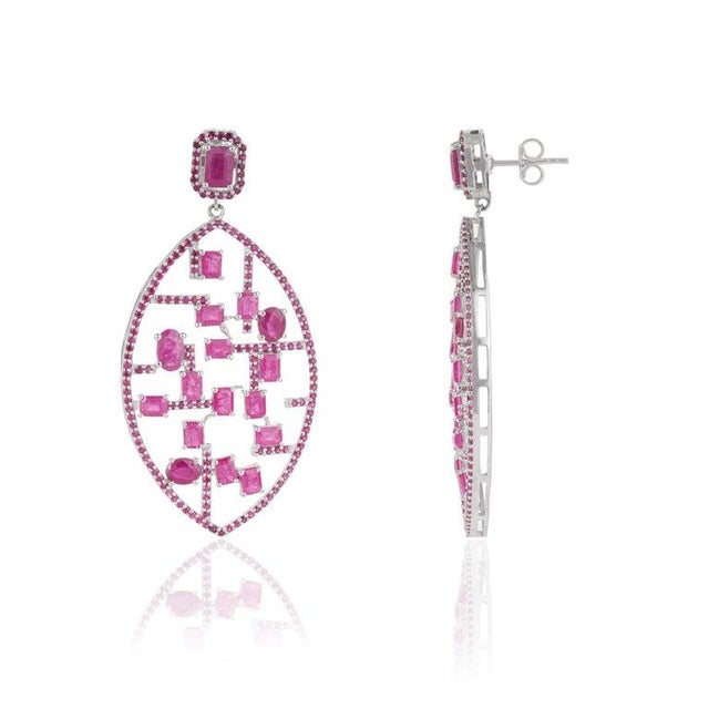 Art Deco Geometric Ruby Lattice Drop Earrings in 925 Sterling Silver, A Pair For Sale - Image 4 of 11
