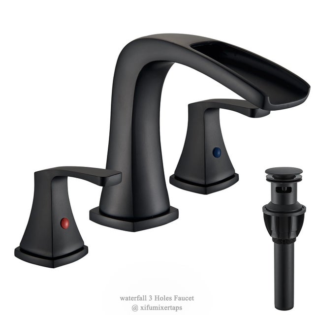 3 Hole Widespread Bathroom Sink Faucet Black 2-Handle Vanity Basin Mixer W/Drain For Sale - Image 10 of 11