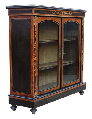 Large Inlaid Ebonised,Amboyna and Burr Walnut Display Cabinet, 1880s