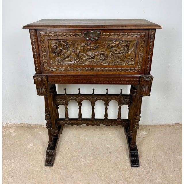 Spanish Carved Wood Bargueño with Figural Decoration, 1940 For Sale - Image 4 of 14