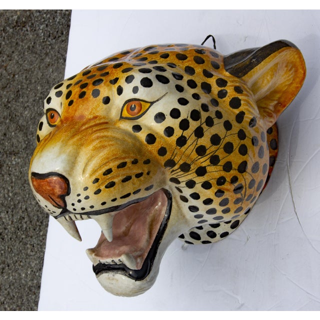 Life size leopard wall mount. Hand painted terracotta. Italian. Mid 20th century.