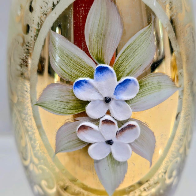 Vintage Italian Murano Tre Fuochi Amber Glass Decanter & 6 Cordial Glasses – 24k Gold Gilt, Hand-Painted High Enamel Flowers For Sale - Image 11 of 12