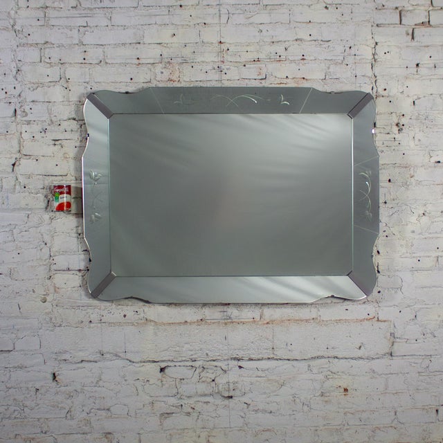 1930-1950’s Art Deco Large Wall Mirror Rectangular W/Curved Sides & Etched Venetian Glass For Sale - Image 18 of 18
