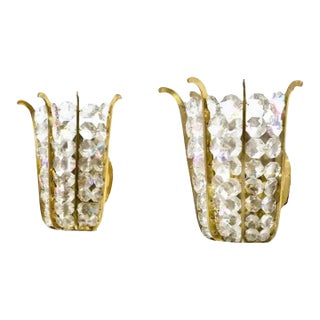 1960s Kinkeldey Germany Brass and Crystal Sculptural Sconce Set of Two, Labelled For Sale