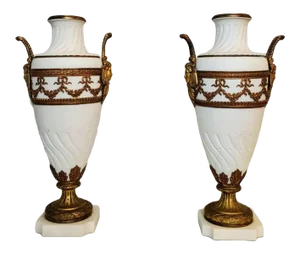 19th Century French Louis XVI Gilt Bronze Porcelain Vases - a Pair
