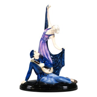 Art Deco Posing Dancer & Pierrot Group attributed to Lorenzl for Goldscheider, Vienna, Austria, 1933 For Sale