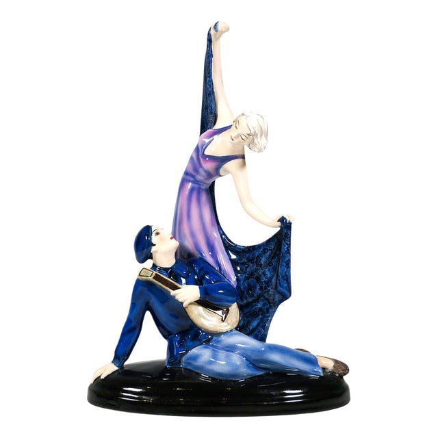 Art Deco Posing Dancer & Pierrot Group attributed to Lorenzl for Goldscheider, Vienna, Austria, 1933 For Sale