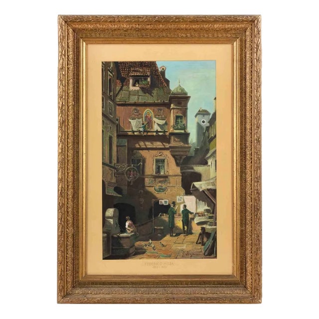 Federico Moja, Glimpse of the City, Lithograph, 19th Century For Sale