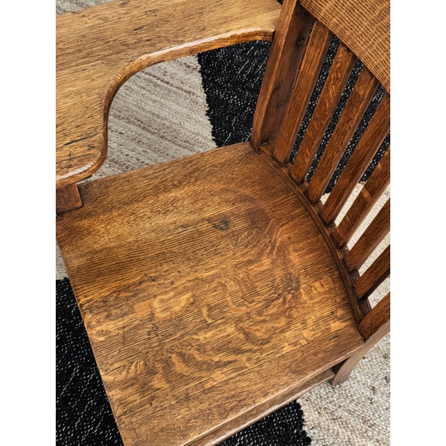 Traditional Mid-Century Quarter-Sawn Oak School Desk Chair With Writing Arm & Book Stretcher For Sale - Image 3 of 4