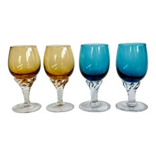 Vintage Empoli Italy Twisted Stem Cordial Glasses – Peacock Blue & Amber - Set of 4 For Sale
