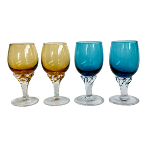 Vintage Empoli Italy Twisted Stem Cordial Glasses – Peacock Blue & Amber - Set of 4