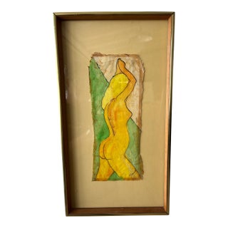 Mid-Century Modern Nude Figural Mixed Media on Batik Framed For Sale
