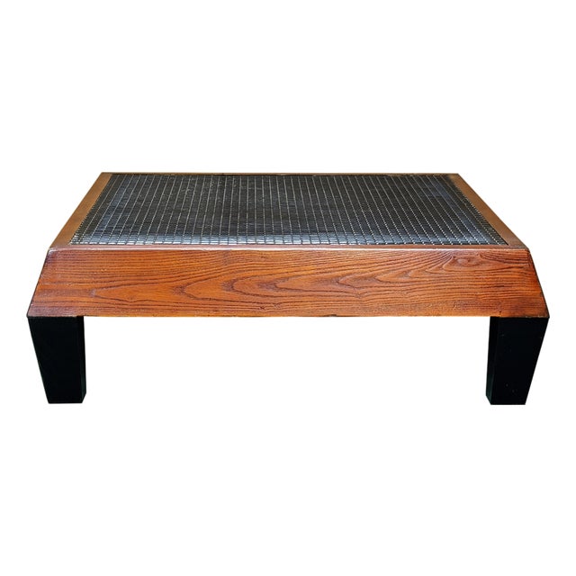 Brown Black Geometric Pattern Square Block Legs Coffee Table For Sale