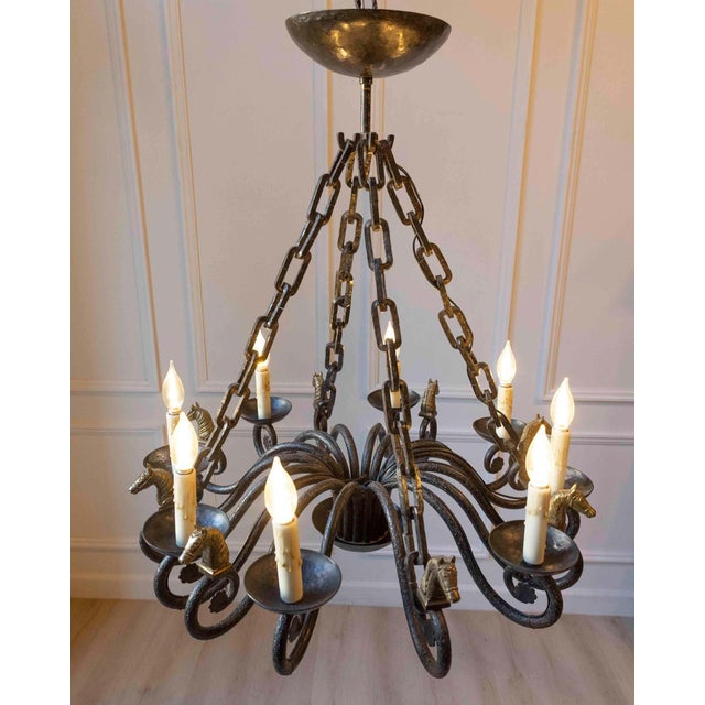 Metal Mid 20th-Century French Wrought Iron Chandelier with Horse-Head Details For Sale - Image 7 of 11