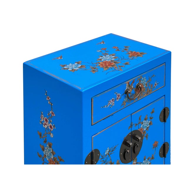 Chinese Bright Blue Vinyl Moon Face Flower Birds End Table Nightstand For Sale - Image 9 of 11
