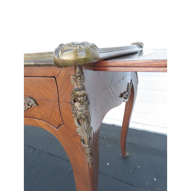 French Late 1800s Large Inlay Leather Top Partner Extension Desk 6431 For Sale - Image 15 of 18