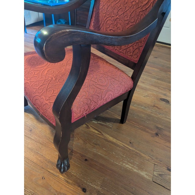 Vintage Wooden Armchair With Red Upholstery – Carved Details and Claw Feet, Vintage Accent Chair For Sale - Image 4 of 16
