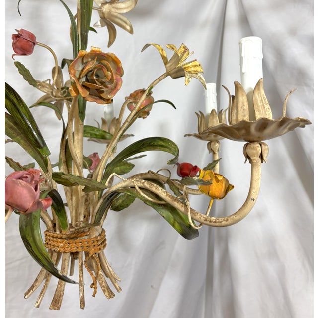 Vintage Tole 6-Light Chandelier With Flower Motif and Honest Patina For Sale - Image 17 of 18
