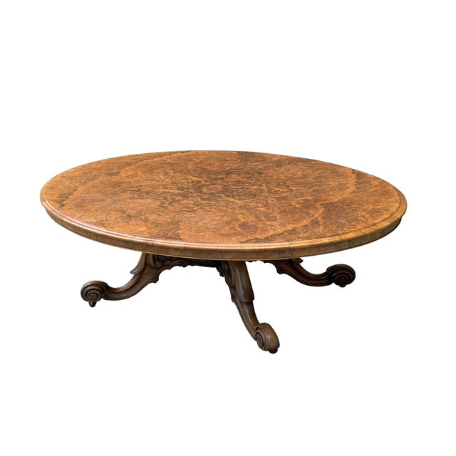 American Vintage Estate Burl Walnut Wood Large Oval Low Coffee Table For Sale - Image 3 of 15